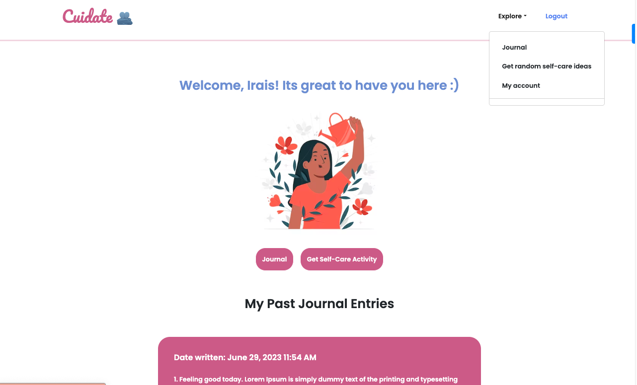 Cuidate check-in page.